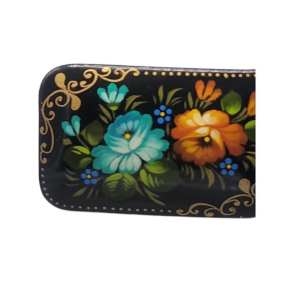 Russian Lacquer Brooch Hand Made Paper Mache Hand Painted Floral Signed - Picture 3 of 8